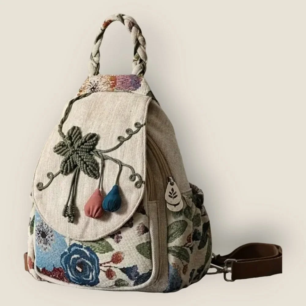 Like New Floral Embroidered Linen Mini Backpack in Natural